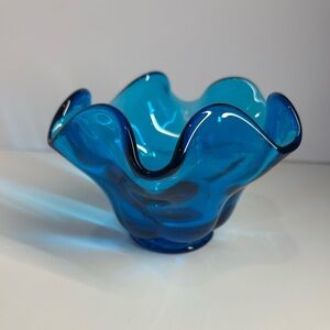 Vintage Viking Glass Bluenique Ruffle Bowl - Home Art Decorative Accent